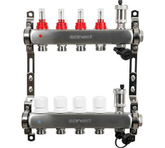 Изображение товара Коллектор для теплого пола SANEXT с расходомерами, автоматический, в/о и дренаж., ДУ25, ВР1"х 4 контура НР 3/4" 8524-1