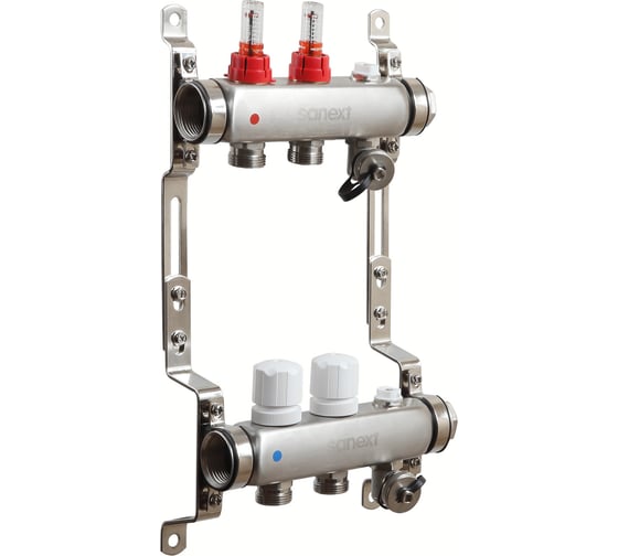 Изображение товара Коллектор для теплого пола SANEXT с расходомерами, автоматический в/о и дренаж., ДУ25, ВР1"х 2 контура НР 3/4" 8522-1