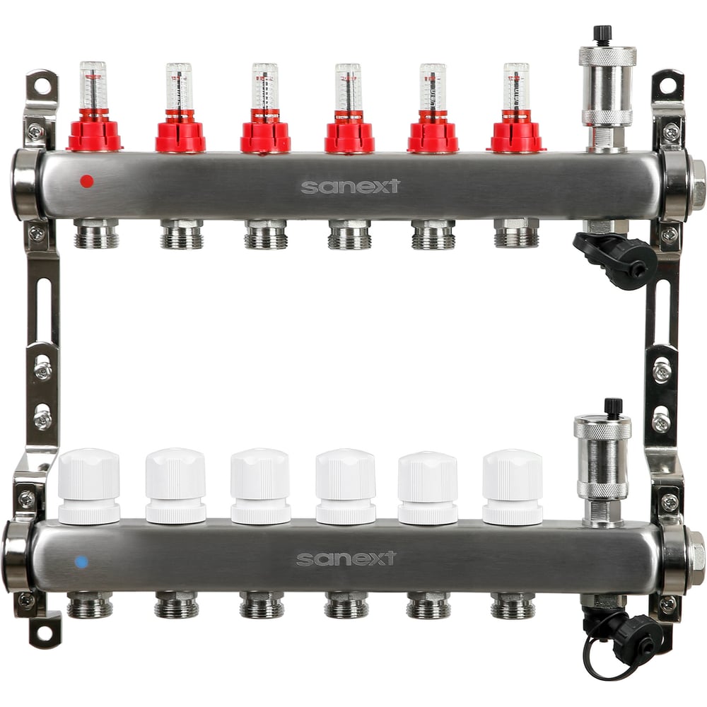 Изображение товара Коллектор для теплого пола SANEXT 6 контуров с расходомерами и дренажом