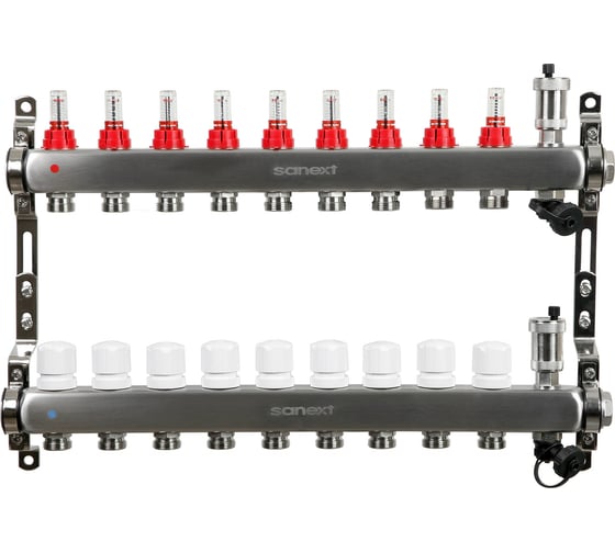 Изображение товара Коллектор для теплого пола SANEXT с расходомерами, автоматический, в/о и дренаж., ДУ25, ВР1"х 9 контуров НР 3/4" 8529-1