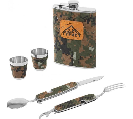 Изображение товара Набор Helios Турист фляжка 270 мл + 2 стопки+складные вилка и ложка (HS-TZ-9) 00000334949