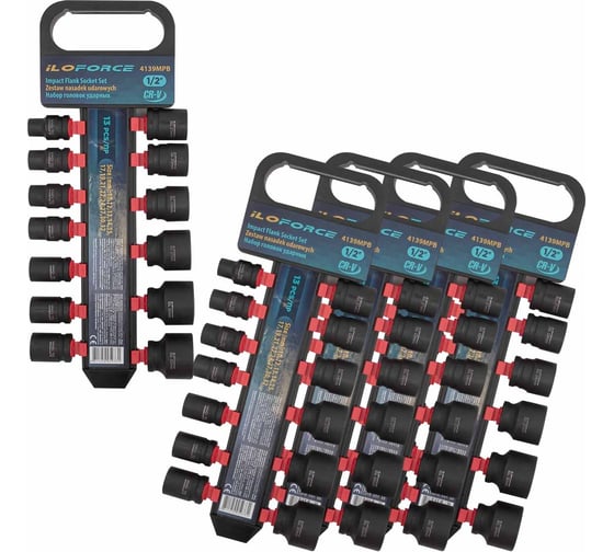 Изображение товара Набор головок ударных iLOFORCE (5 комплектов) 13пр.,1/2''(10, 12-15, 17, 19, 21, 22, 24, 27, 30, 32мм), на пластиковом держателе IF-4139MPB ( 5 K-T )(58588) IF-4139MPB / 5 K-T /(58588)