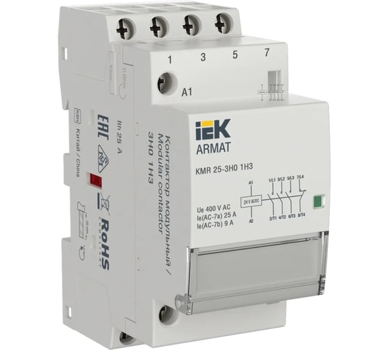 Изображение товара Модульный контактор IEK ARMAT KMR 25А, 24В AC/DC, 3НО 1НЗ AR-KMR20-025-31-024