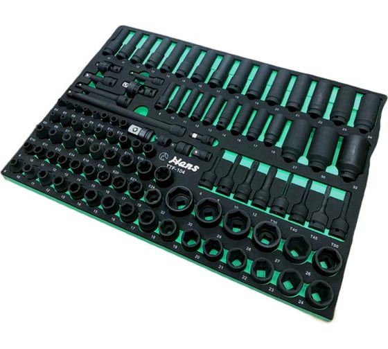 Изображение товара Набор ударных торцевых головок и аксессуаров Hans 3/8", 1/2", 1/4", ложемент, 104 предмета TTF-104