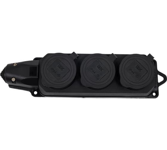 Изображение товара Трехместная розетка IEK ОМЕГА с заземлением, с крышкой, черная, IP44, РБ33-1-0м, ИЭК PKR61-016-2-K02