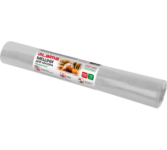 Изображение товара Мешки для мусора прозрачные Прочные 200 л, в рулоне 10 шт, ПВД, 50 мкм, 90x130 см LAIMA 609211