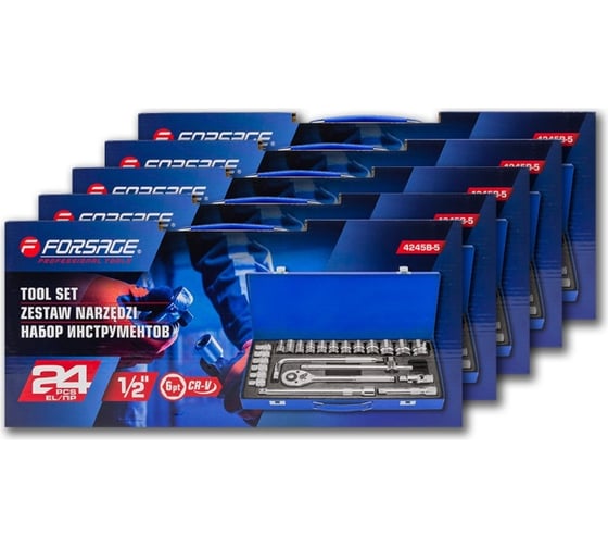 Изображение товара Набор инструментов Forsage (5 комплектов) 24пр. 1/2" ( 6гр)  F-4245B-5 ( 5 K-T )(58573) F-4245B-5 / 5 K-T /(58573)