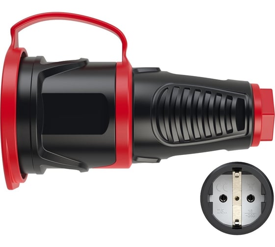 Изображение товара Кабельная розетка PCE 16A 220V 2P+E IP54 с крышкой, корпус черный, крышка и маркер красный 2511-sr