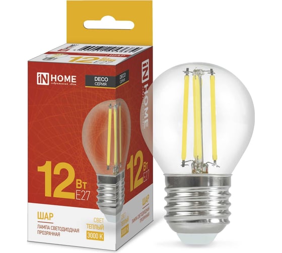 Изображение товара Лампа IN HOME сд LED-ШАР-deco 12Вт 230В Е27 3000К 1350Лм прозрачная 4690612053684