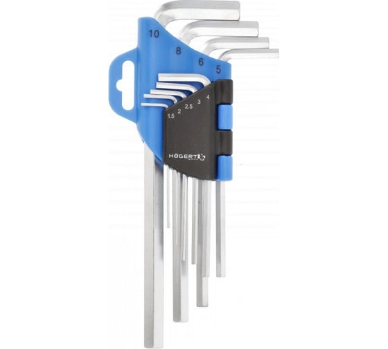 Изображение товара Набор шестигранных длинных Г-образных ключей HOEGERT TECHNIK 1.5-10 мм, CrV, 9 шт. HT1W801