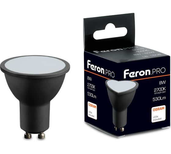 Изображение товара Лампа светодиодная FERON PRO LB-1608 GU10 8W 175-265V 2700K в черном корпусе, 48958