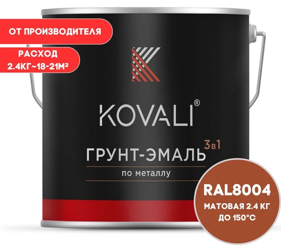 Изображение товара Грунт-эмаль 3 в 1 KOVALI матовая Медно-коричневая RAL 8004 (2,4кг) kov3.2.5.C.8004.2.4mat