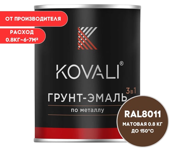 Изображение товара Грунт-эмаль 3 в 1 KOVALI матовая Орехово-коричневая RAL 8011 (0,8кг) kov3.2.4.C.8011.0.8mat