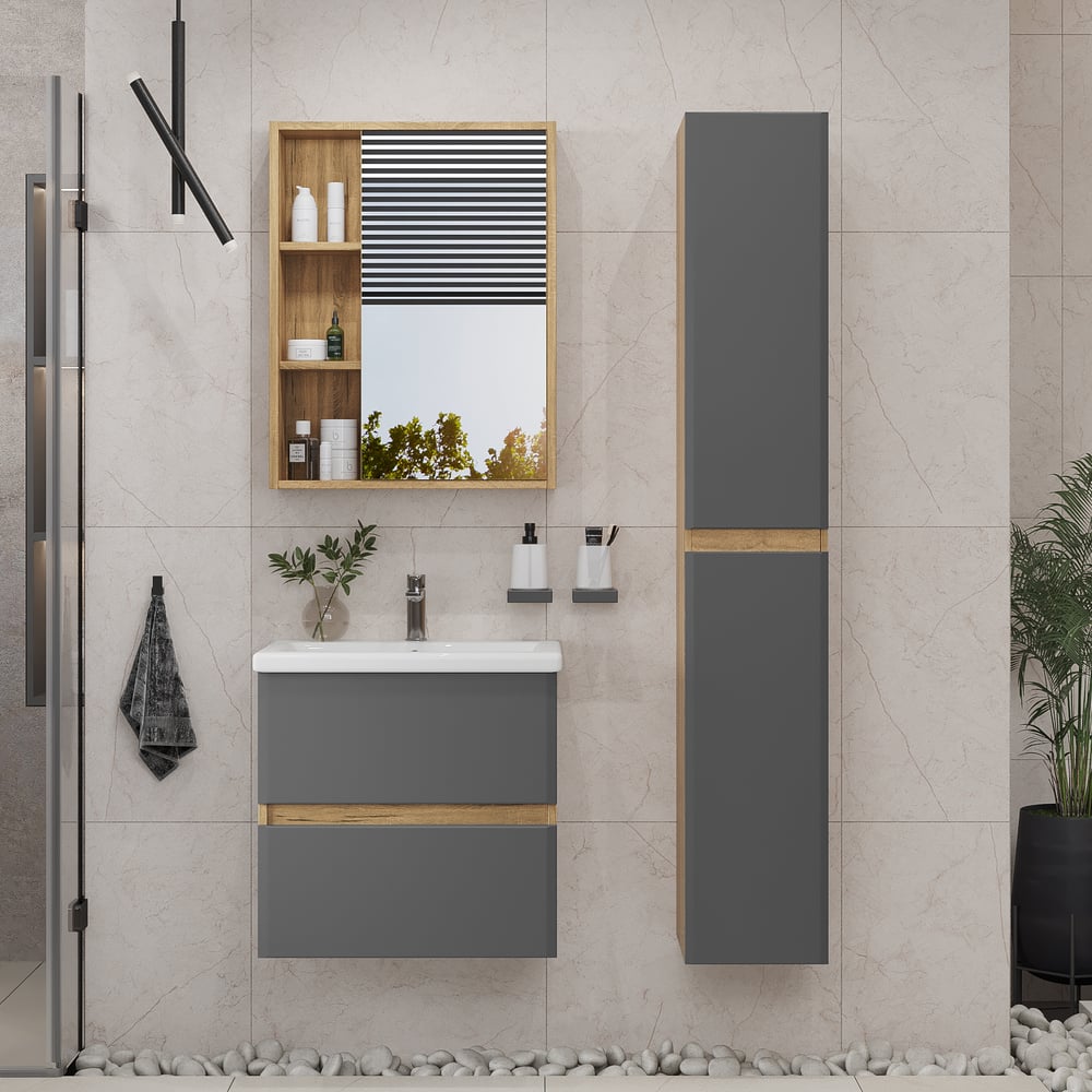 Изображение товара Шкаф-пенал подвесной для ванной комнаты Sanstar Graffa дуб вотан графит софт