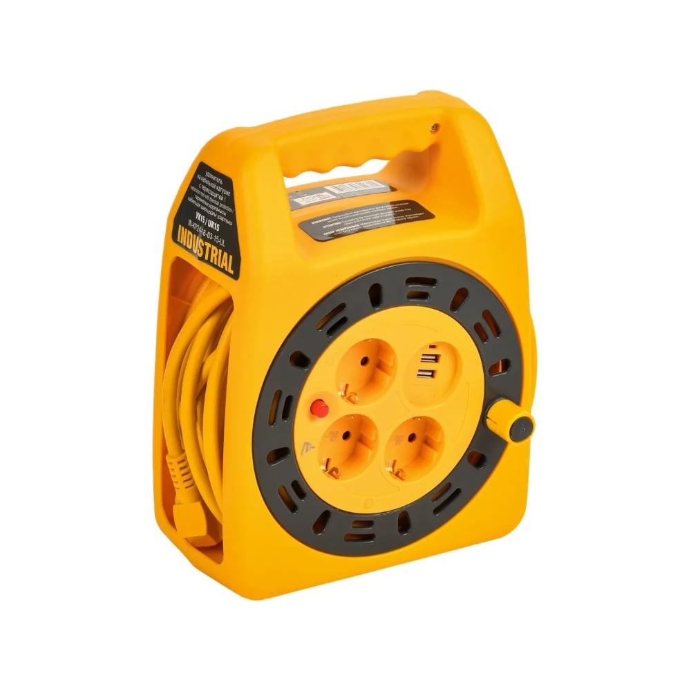 Изображение товара Удлинитель с катушкой IEK INDUSTRIAL УК15 2P+PE 3x1,5мм2 USB LED 15м