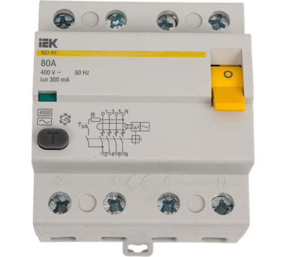 Изображение товара Дифференциальный выключатель IEK, УЗО, 4п, 80А, 300мА, ВД1-63, АС, ИЭК, MDV10-4-080-300