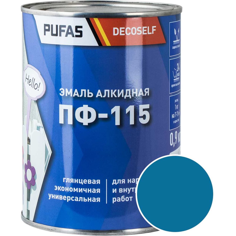 Изображение товара Эмаль Pufas ПФ-115 голубая Decoself 0,9кг тов-200167