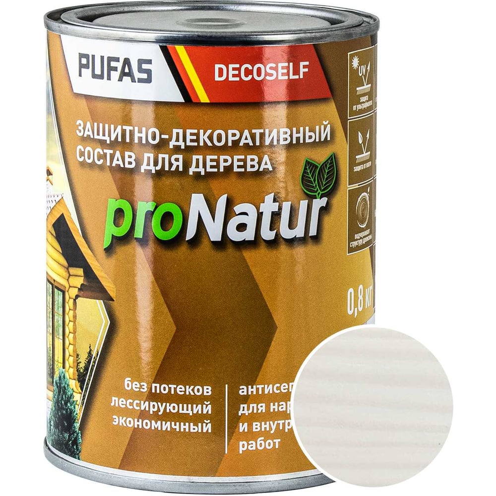 Изображение товара Лессирующий антисептик для дерева Pufas белый Decoself 0,8л тов-200292 Изображение товара Лессирующий антисептик для дерева Pufas белый Decoself 0,8л тов-200292