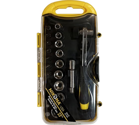 Изображение товара Мини набор бит и головок NIKONA с трещоткой, 1/4", 5-13мм, в пластиковом ящике, 23пр 27-354