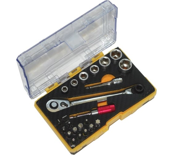 Изображение товара Мини набор цветных бит и головок NIKONA с двухсторонней трещоткой 5-12мм, в пластиковом ящике, 23пр 27-623