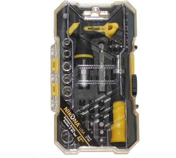 Изображение товара Набор отверток с битами и головками NIKONA рукоятка Т-образная, реверс, 5-12мм, в пластиковом ящике, 42пр 27-642