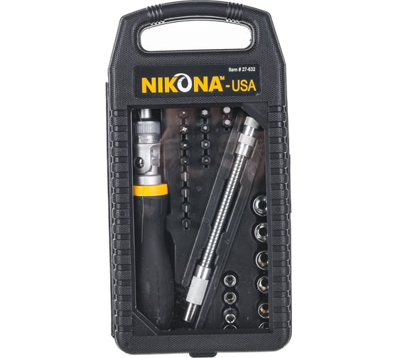 Изображение товара Набор отверток с битами и головками NIKONA рукоятка шарнирно-реверсная, 4.5-13мм, в ящике 32пр 27-632