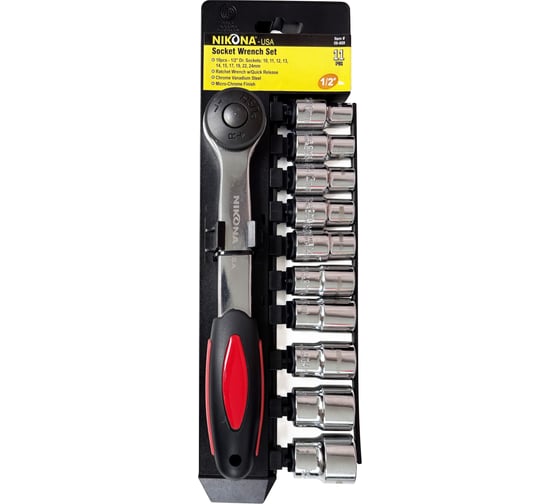 Изображение товара Набор торцевых головок NIKONA с трещоткой, 1/2", 10-24мм, пластиковый держатель, 11пр 09-909
