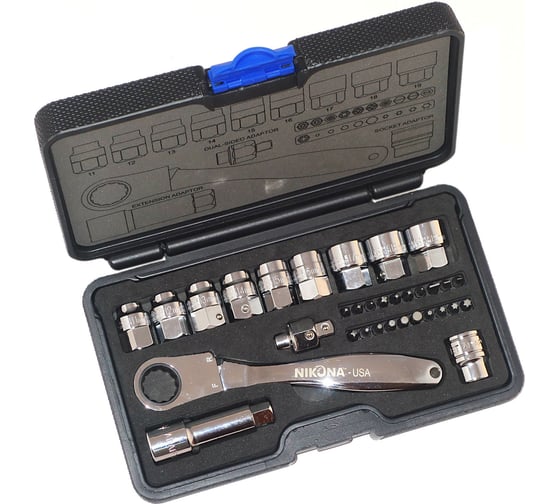Изображение товара Набор торцевых головок и бит NIKONA с трещотками, для сквозного захвата, 33пр, 3/8", 11-19мм 08-633