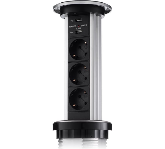 Изображение товара Выдвижная встраиваемая розетка Mebax LK 3 секции Серебро Сенсорный d90,5мм 2 USB , 00-00001183