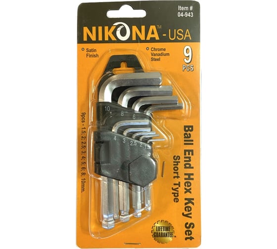 Изображение товара Набор шестигранных ключей NIKONA короткие, с шаровым окончанием, 9шт, 1.5-10мм 04-943