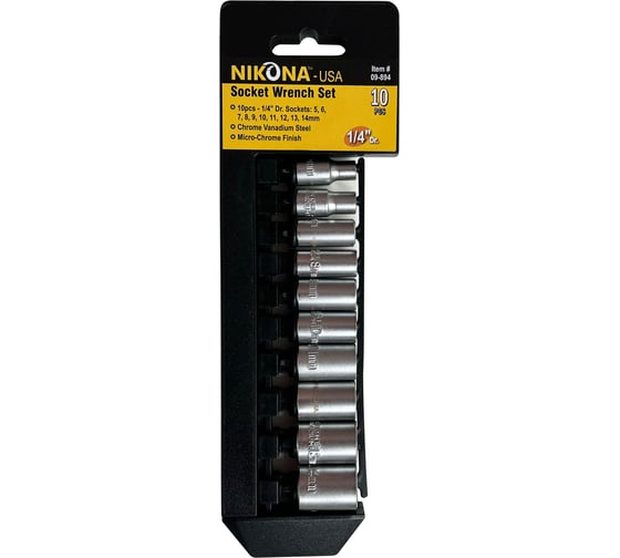 Изображение товара Набор торцевых головок NIKONA 1/4", 5-14мм, пластиковый держатель, 10пр 09-894