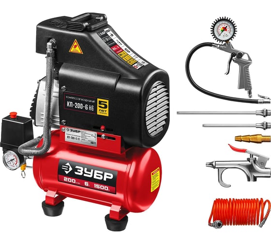 Изображение товара Безмасляный воздушный компрессор ЗУБР набор аксессуаров, 200 л/мин, 6 л ресивер, 1500 Вт КП-200-6 Н6