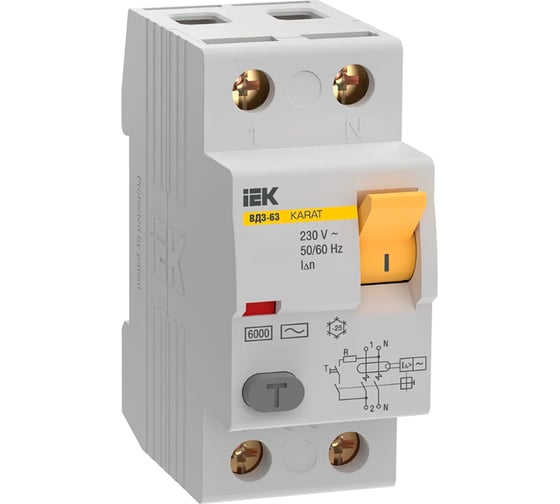 Изображение товара Устройство защитного отключения IEK KARAT ВД3-63 2P, 40А, 30мА, 6кА, тип A MDV21-2-040-030