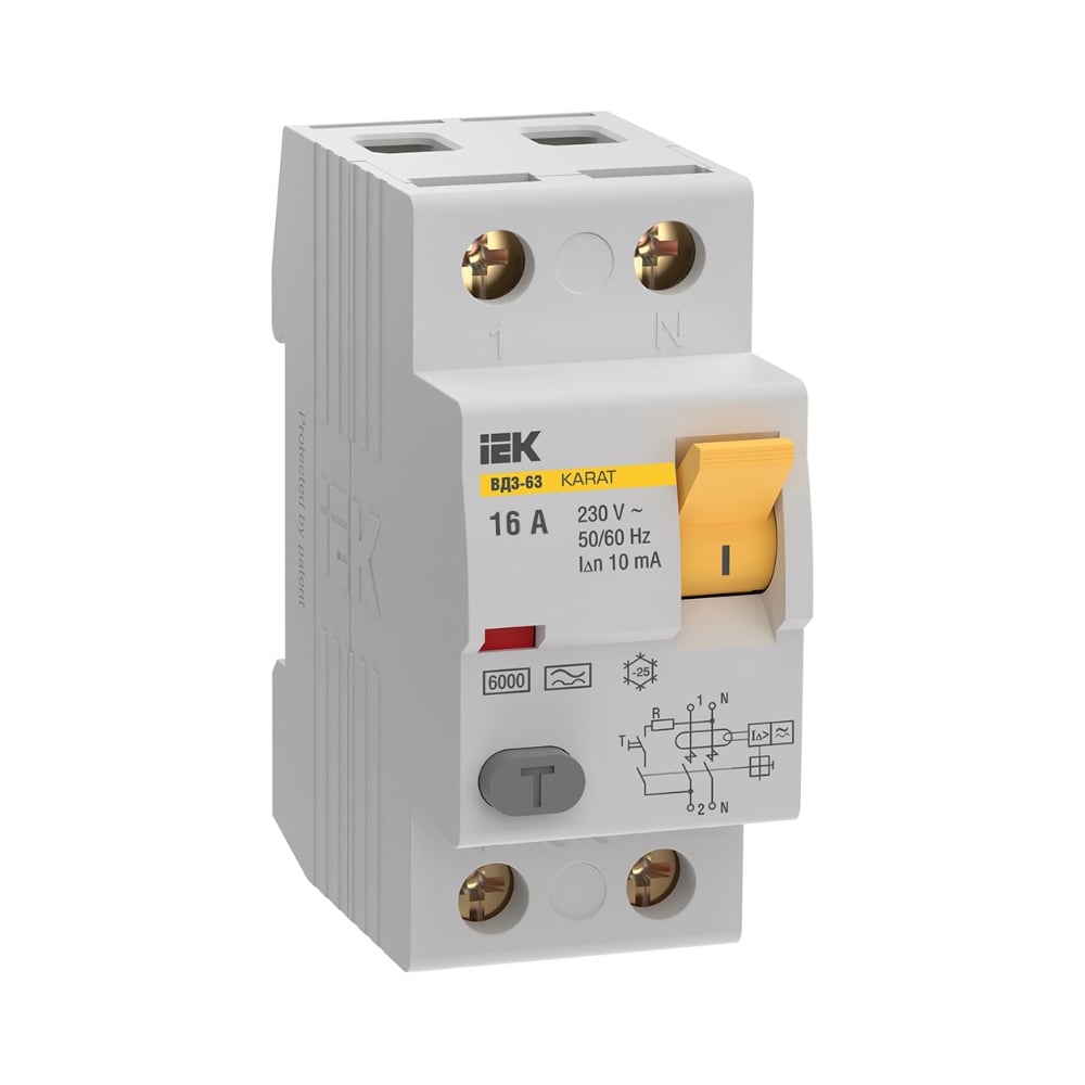 Изображение товара Устройство защитного отключения IEK KARAT ВД3-63 2P, 16А, 10мА, 6кА, тип A MDV21-2-016-010