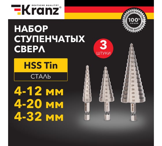 Изображение товара Набор ступенчатых сверл 4-12/4-20/4-32 мм, HSS-TiN, 3 шт KRANZ KR-12-6620