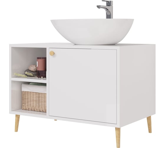 Изображение товара Тумба с раковиной напольная Dreja LUNO, 80 см,1 дв., 2 откр. полки, белый глянец - 99.2002-641266 99.2002K