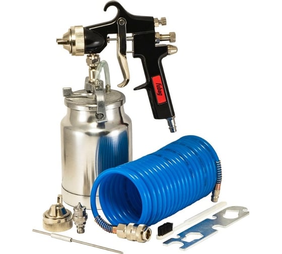 Изображение товара Набор пневмоинструмента FUBAG Basic S1000 3 предмета, краскораспылитель с нижним бачком 1 л, спиральный шланг 5 м, доп. сопло 2 мм с воздушной головкой и иглой 120111