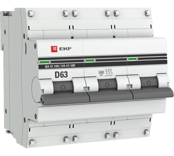 Изображение товара Автоматический выключатель EKF 3P 63А (D) 10kA ВА47-100 PROxima mcb47100-3-63D-pro