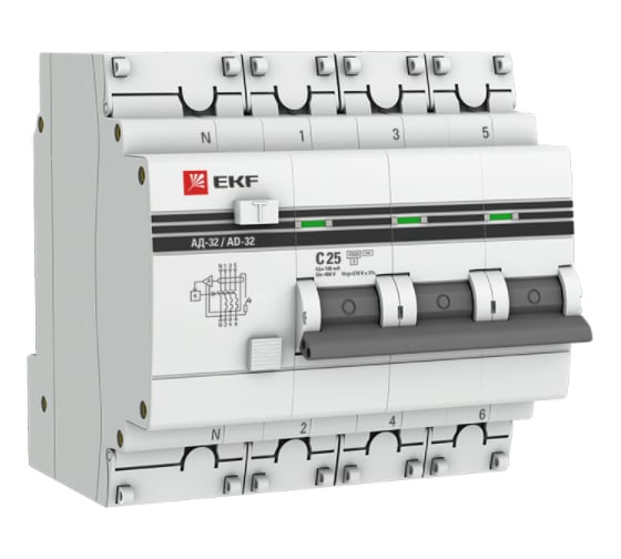 Изображение товара Дифференциальный автомат EKF PROxima АД-32, 3P+N, 25А/100мА, 4,5кА DA32-25-100-4P-pro