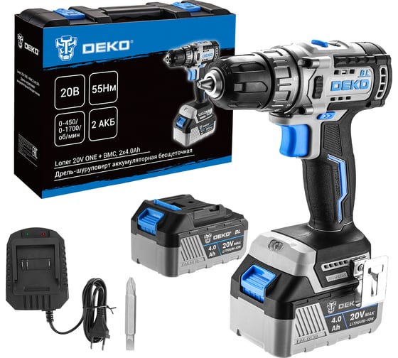 Изображение товара Дрель-шуруповерт аккумуляторная бесщеточная DEKO Loner 20V ONE + в кейсе, 20В, 2x4.0Ач 085-1003