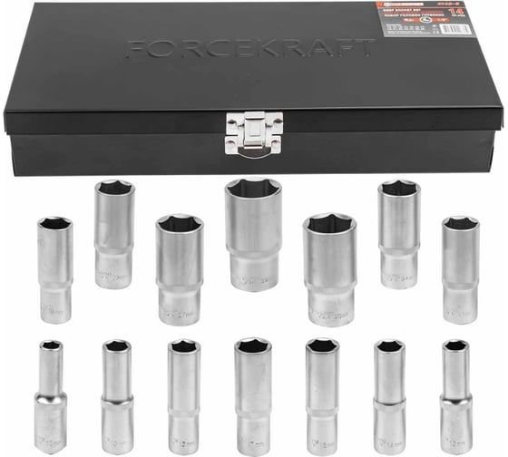 Изображение товара Набор головок глубоких 1/2"DR 14 предметов, в металлическом кейсе Forcekraft FK-4143-5(58115)
