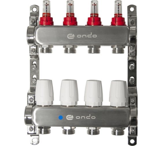 Изображение товара Коллекторная группа ONDO нержавеющая сталь, 4 выхода в сборе с расходомерами и термостатическими клапанами без сливных кранов и воздухоотводчиков BKGWDV04