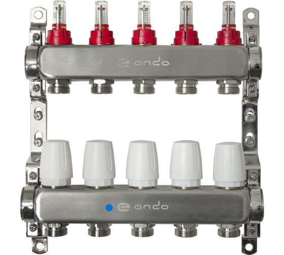 Изображение товара Коллекторная группа ONDO нержавеющая сталь, 5 выходов, в сборе с расходомерами и термостатическими клапанами без сливных кранов и воздухоотводчиков BKGWDV05