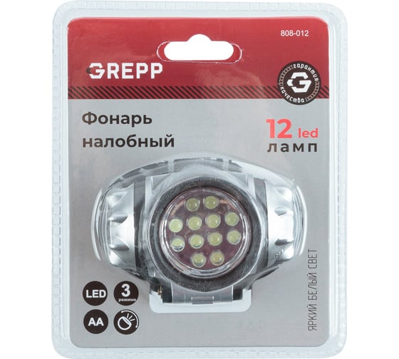 Изображение товара Налобный светодиодный фонарь GREPP 12LED, 3x1,5 v "AA", пластик 120 808-012