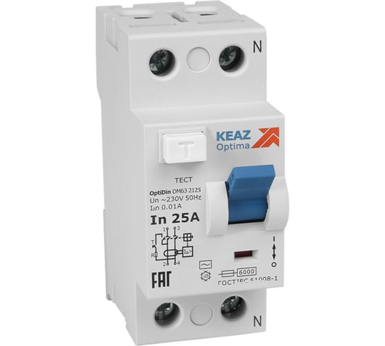 Изображение товара Выключатель дифференциального тока КЭАЗ без защиты от сверхтоков OptiDin DM63-2225-A-УХЛ4 (2P, 25, 30mA) 254266