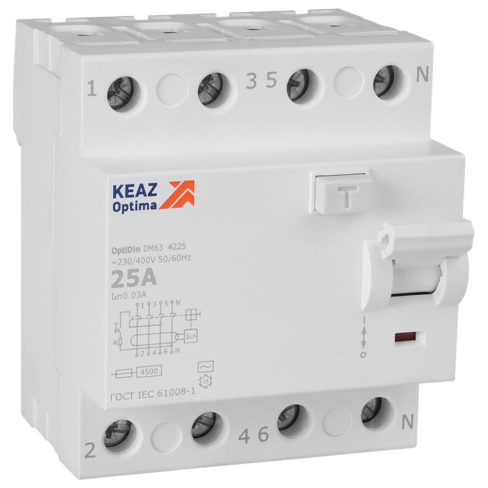 Изображение товара Выключатель дифференциального тока КЭАЗ OptiDin DM63-4225-AC-4,5-УХЛ4 4P 25A 30mA