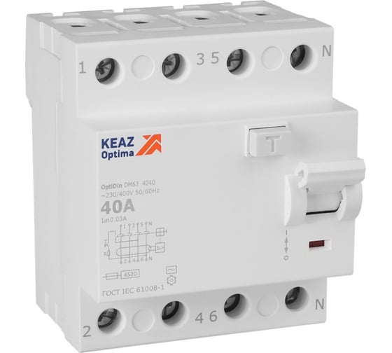 Изображение товара Выключатель дифференциального тока КЭАЗ без защиты от сверхтоков OptiDin DM63-4240-AC-4,5-УХЛ4 (4P, 40, 30mA) 343892