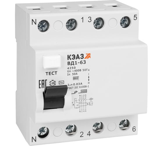 Изображение товара Выключатель дифференциального тока КЭАЗ без защиты от сверхтоков ВД1-63-4440-АС-УХЛ4- (4P, 40, 300mA) 221961