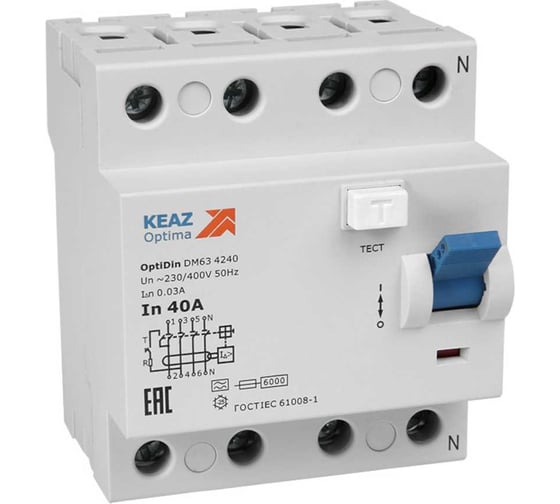 Изображение товара Выключатель дифференциального тока КЭАЗ без защиты от сверхтоков OptiDin DM63-4240-AС-УХЛ4 (4P, 40, 30mA) 254211