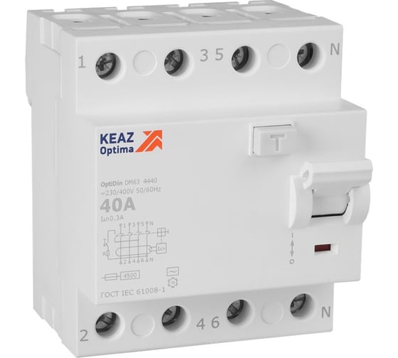 Изображение товара Выключатель дифференциального тока КЭАЗ без защиты от сверхтоков OptiDin DM63-4440-AC-4,5-УХЛ4 (4P, 40, 300mA) 343904